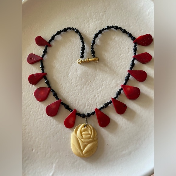 Coral & Vintage Carved Bone Necklace - Picture 7 of 7